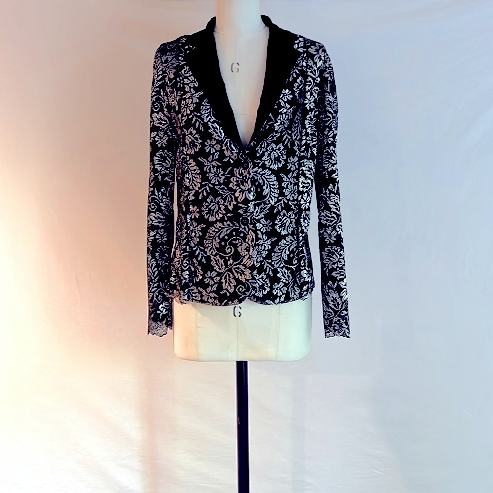 Gorgeous Black & Silver Lace Jacket with Mesh Liner for All-Season Wear